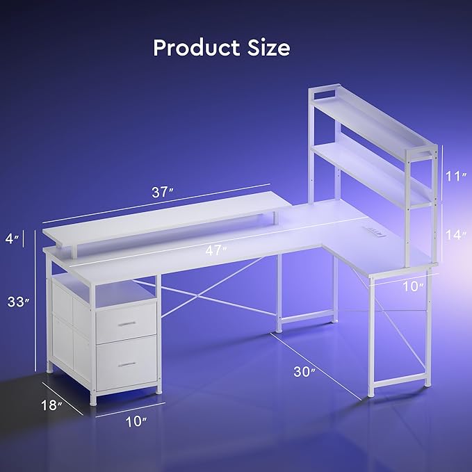 Maihail L Shaped Gaming Desk with Shelves,Reversible Computer Gaming Desk with LED Lights and Charging Station,Home Office Corner Desk with Monitor Stand,White