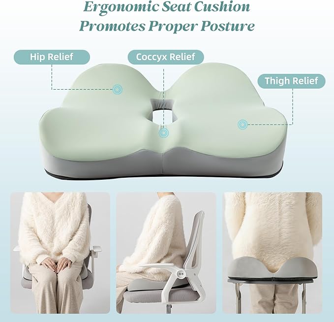 SheRest Seat Cushion, Ergonomic Memory Foam Cooling Cushion, Pressure Relief Suitable for Long Sitting Hours on Office Chairs, Desks, Cars and Airplane Seats, Green