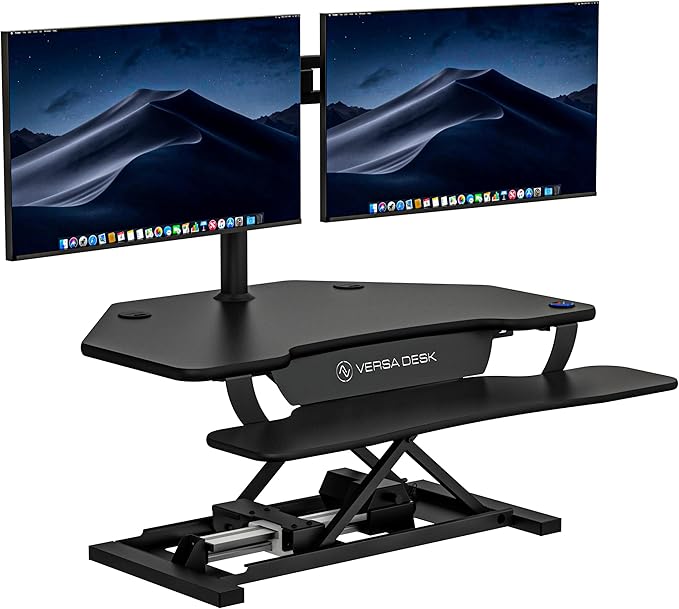 VERSADESK PowerPro 36" Corner Standing Desk Converter, 36 Inch Motorized Height-Adjustable Standup Desk Riser Sit to Stand Desktop with Keyboard and Mouse Tray + USB Charging Port, Black