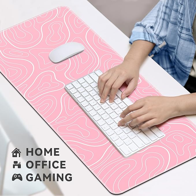 Gaming Mouse Pad Big Mousepad with Non-Slip Rubber Base, 31.5 x 11.8 in XL Large Desk Mat for Gaming Home Office, Long Keyboard Pad Mouse Mat for Computer with Stitched Edges, Pink Topographic