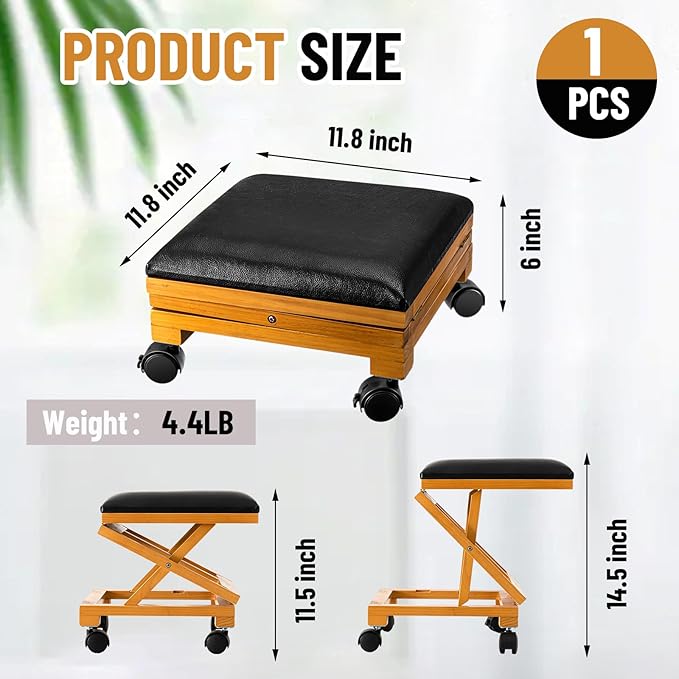 CroBlissful 1 Pack Rolling Adjustable Foot Rest Foldable Under Desk Ottoman with Wheels Leather Foldaway Guitar Foot Stool for Home Office Living Room Bedroom