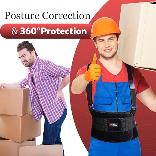 Plus Size 2XL/3XL Work Back Brace with 2 Removable Suspender Straps, Back Posture Corrector for Heavy Lifting Safety Protector, Back Support Belt for Men Women in Construction, Warehouse Jobs