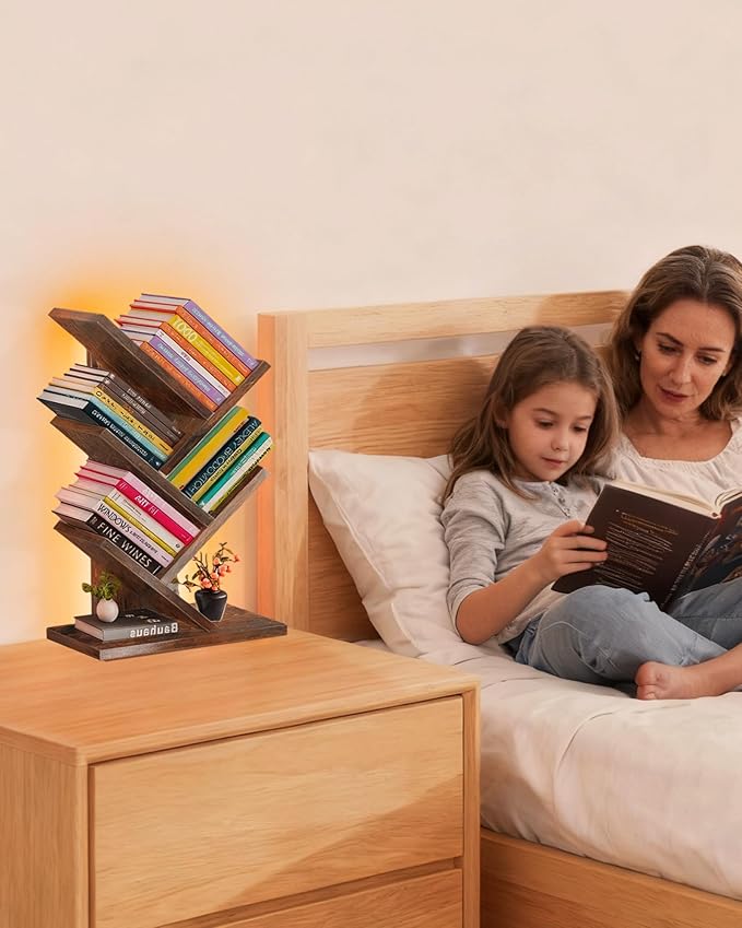 Godferyxin Bookshelf with Liting,Small Bookcase LED and Desktop Book Shelf for Office, Home or School Small Bookshelf for Wood Displaying Books, CDs, Magazines Wood Book Rack-Mini Bookcase