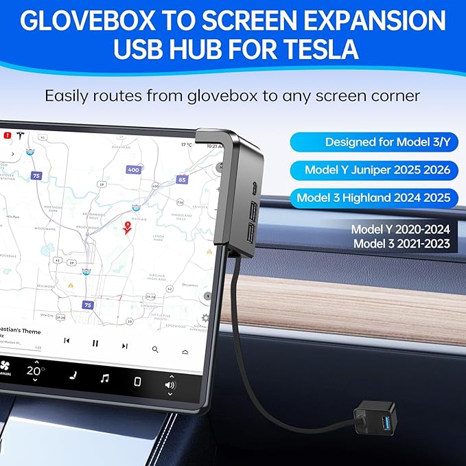 USB Hub for Tesla Model Y Juniper 2025 2026 Model 3 Highland 2024 2025, Glove Box to Screen Docking Station Glovebox USB 3.0 Expander for Dashcam Flash Drive Charging Data Transfer Game Music