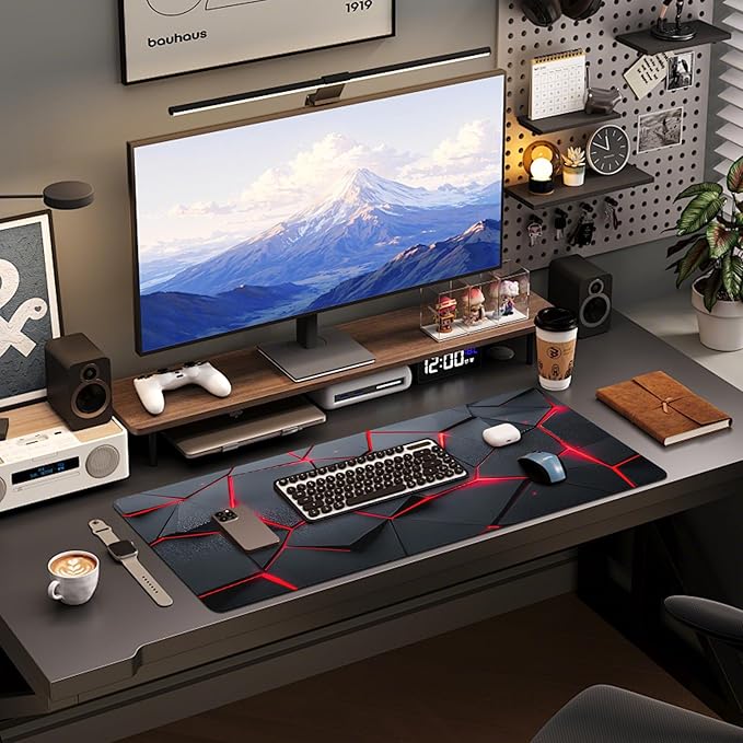 Gaming Mouse Pad - (31.5"×11.8") Honeycomb Large Mouse Pads for Desk - Desk Mat for Keyboard and Mouse with Non-Slip Base, Desks Pad Matfor Game/Office & Home（Black Red）