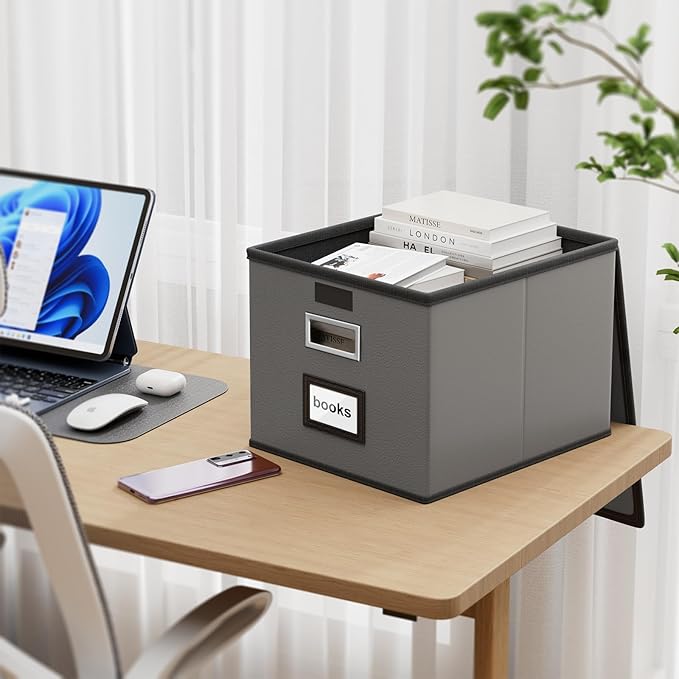 File Organizer Boxes with Lids, Collapsible Faux Leather Hanging File Folder Box Organizer with Plastic Slide, Decorative Home/Office Filing System Boxes for File and Folders Storage