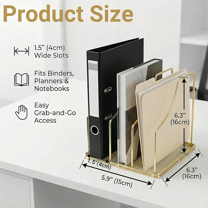 2-Pack Gold Metal File Organizer with Mesh Bottom - Vertical Magazine, Mail & Paper Sorter - 3-Slot Wire Rack for Office, Binders, Makeup Palettes - Aesthetic Desk Organizer