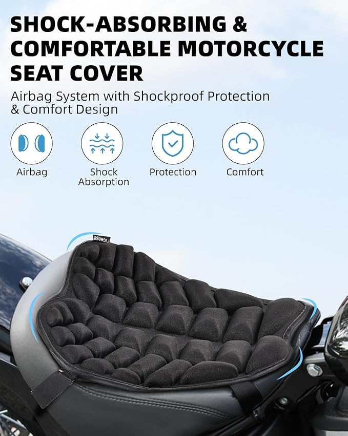 Fitense 13.8x15.8in Universal Motorcycle Seat Cushion with 3D Shock Absorption & Waterproof BSR Lycra - Dual Non-Slip Gel + Elastic Straps, Ergonomic TPE Support for Men Women Long Rides