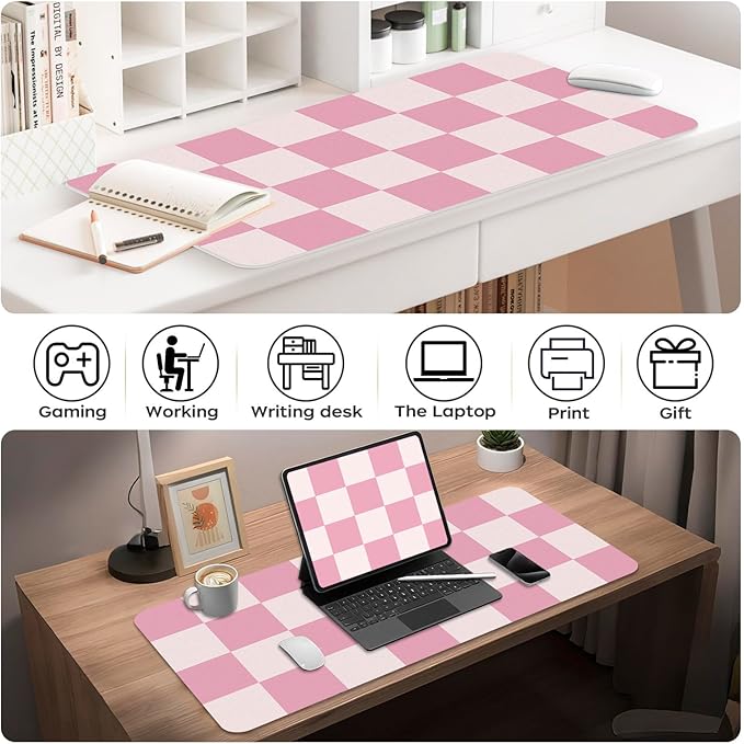BLESWIN Large Desk Mat with PU Leather 35.4" x 15.7", Non-Slip Office Desk Pad, Waterproof Desk Writing Pad for Office and Home (Pink Plaid, 35.4 x 15.7 in)