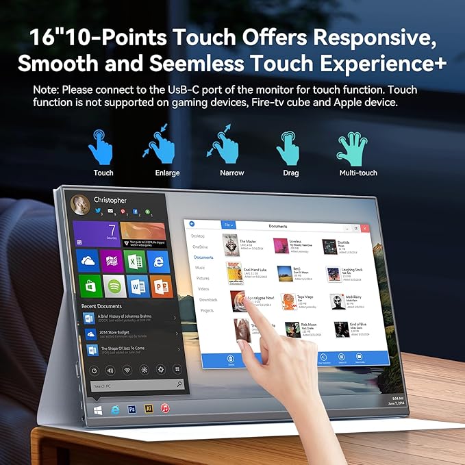 16 Inch Touchscreen Portable Monitor, 1920x1200 FHD IPS, USB-C HDMI, Built-in Speakers, Ultra-Slim Metal External Display for Laptop Mac Phone PS5 Xbox Switch