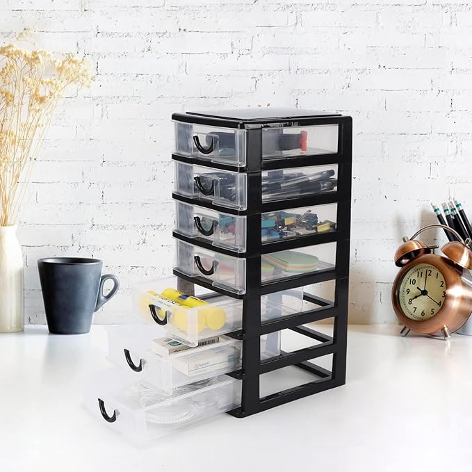 Rempry Mini Plastic Drawers Organizer, 7.1"cx5.1"x13.2" Small Storage Drawers Containers with 7 Clear Drawer Units, Black