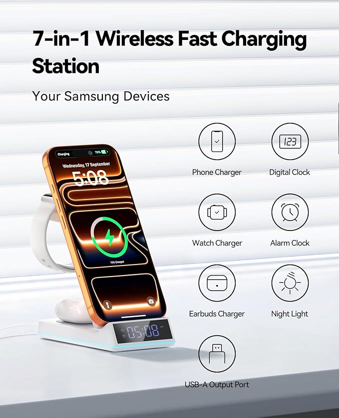 2026 Upgraded Wireless Charging Station, 7 in 1 Wireless Charger Station Foldable Charger Stand with Night Light/Alarm Clock for iPhone 17 16 15 14 13 12 Pro Max Plus, Apple Watch, AirPods 4/3/2/Pro