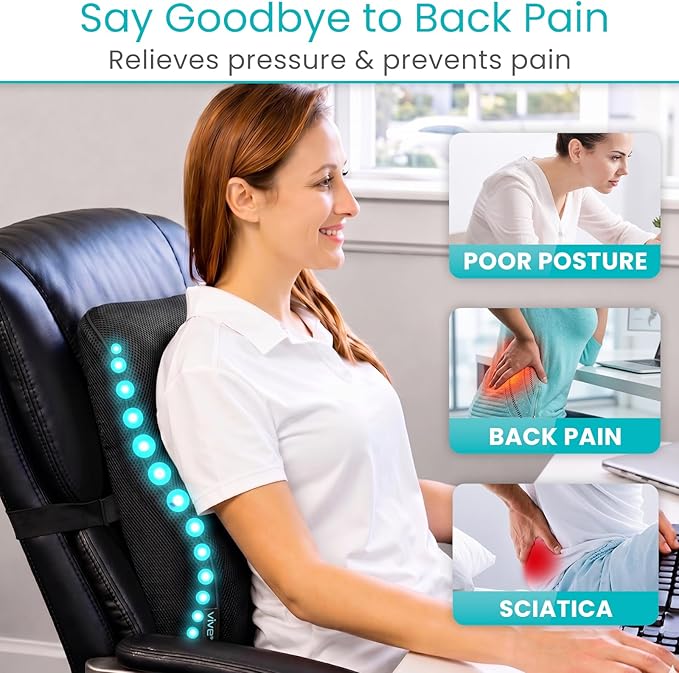 Vive Full Lumbar Cushion - Memory Foam Contour Support for Lower Back Pain - Ergonomic Pressure Relief for Office Chair, Car - Large Mesh Orthopedic Seat Backrest Roll for Improving Posture (Black)