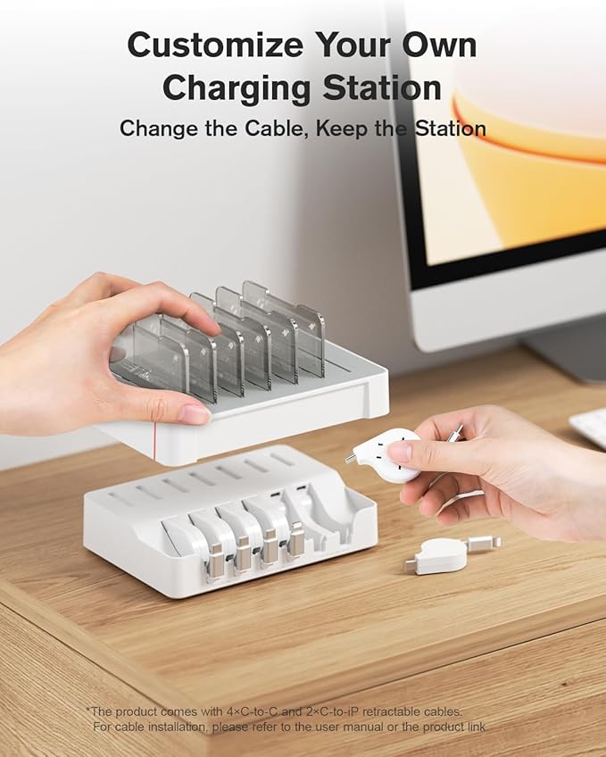 SooPii HomeHub H1 Charging Station for multiple devices,Upgraded 6-Port Desktop Fast Charger with 6 Retractable Cables（4*C+2*iP）,60W PD charger station for iPhone/Tablet,Tangle-Free Charging Organizer