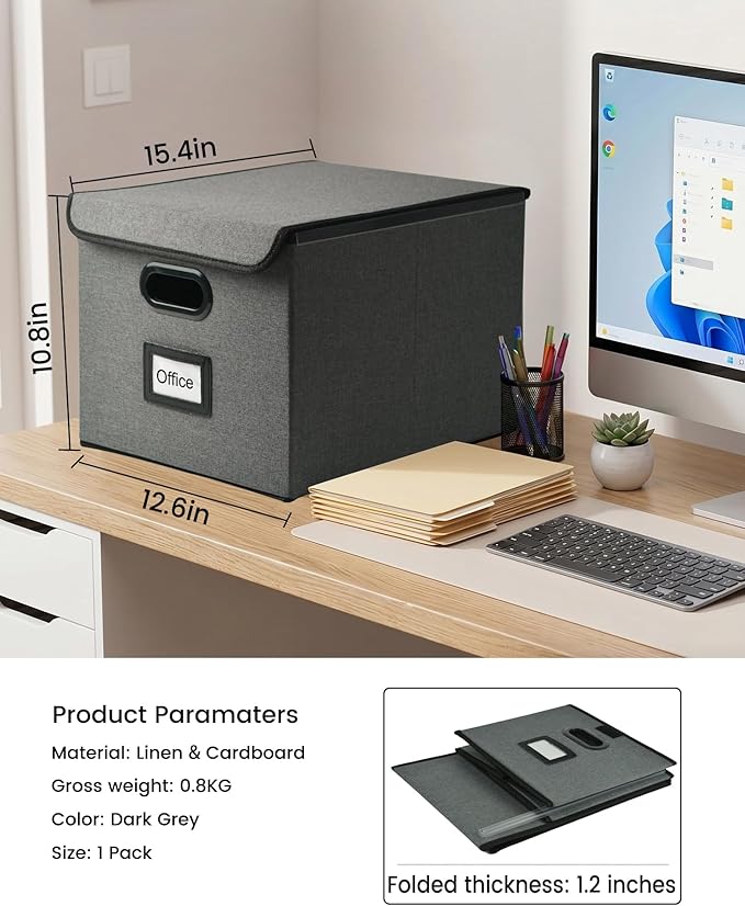 Qerlei File Organizer Boxes with Lids,Collapsible File Folder Organizer with Plastic Slide,Collapsible Filing & Storage Boxes for Office/Decor/Home (Drak grey, 1 Pack)