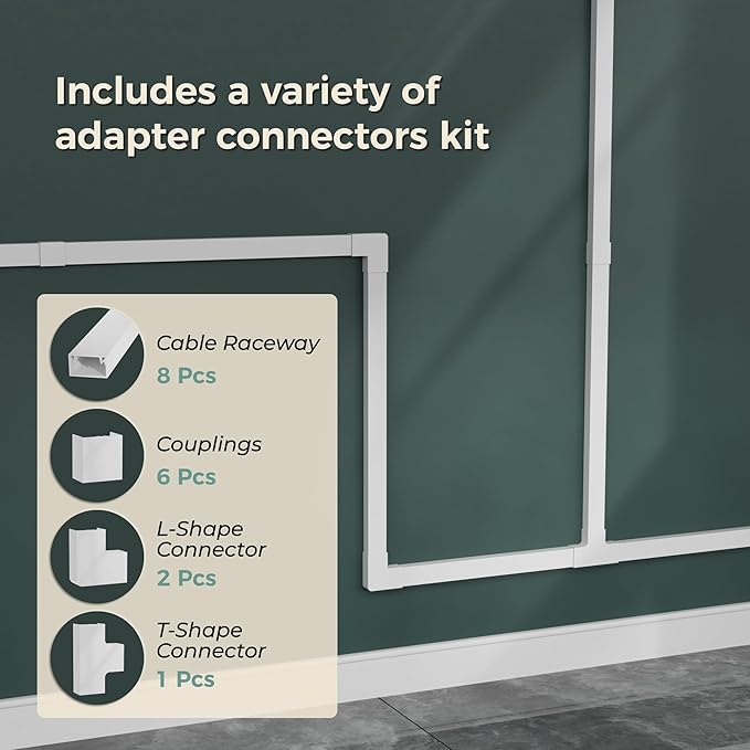 CableGeeker Cord Hider Kit, 113in Cord Covers for Wires on Wall, Paintable Self-Adhesive Cable Raceway, Wire Covers for Wall Mount TV & Home Office Cable Management, W0.95in H0.55in, White