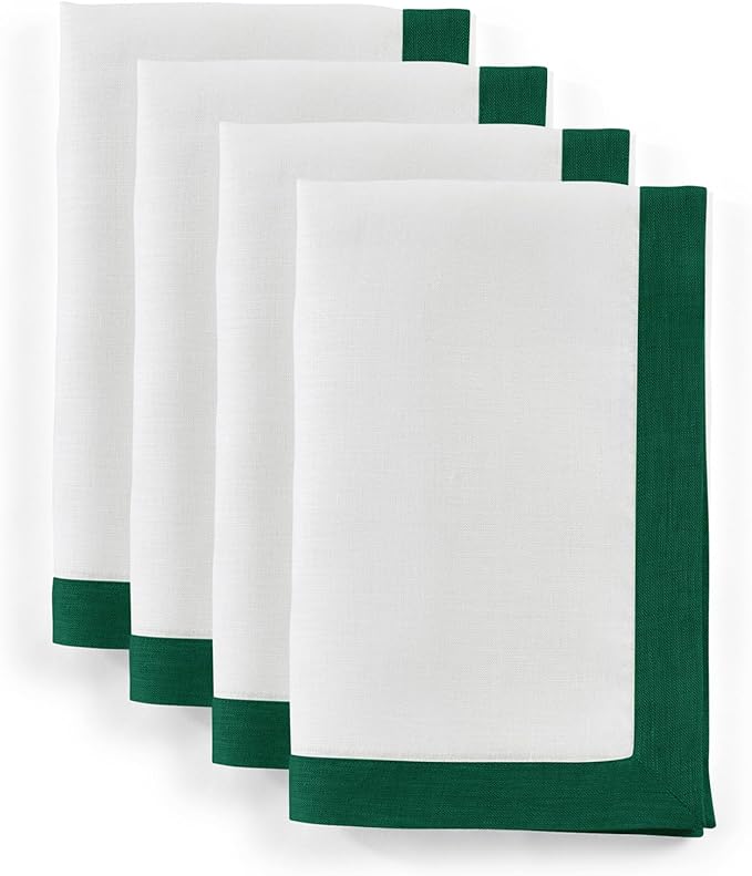 Solino Home Linen Napkins Set of 4-100% Pure Linen Rainforest and White Dinner Napkins Cloth 20 x 20 Inch - Classic, Handcrafted and Machine Washable