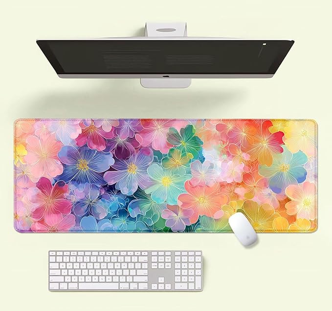 Colorful Flowers Large Mouse Pad Mat, Pink Blue Yellow and Green Pattern Desk Mat, Watercolor Beautiful Floral Desk Pads for Office, Non-Slip Laptop Computer Pad, 31.5x11.8 in