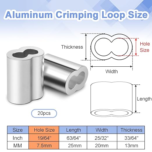 CooBigo 20Pcs 1/4""Cable Crimp Sleeves, Aluminum Wire Rope Crimping Loop Sleeve. Cable Ferrules for Cable and Wire Rope Crimp Double Barrel Crimp Sleeves (M6-1/4"")