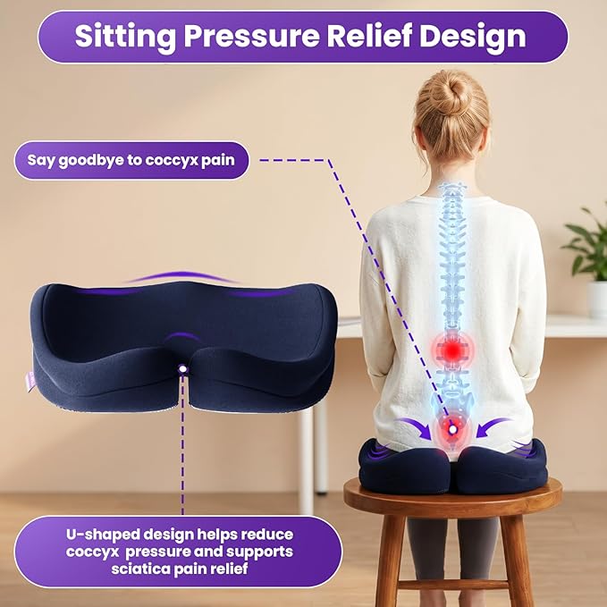ZZ-WELL Seat Cushions for Office Chairs - Coccyx Cushion for Tailbone Pain Pressure Relief - Memory Foam Butt Pillows for Sitting, Wheelchair, Car Seat- Carry Handle & Non Slip Bottom (Navy Blue)
