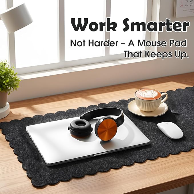 Copkim 35 x 16.5 Inch Felt Desk Mat with Scalloped Edges, Large Felt Mouse Pad Non Slip Scalloped Computer Laptop Desktop Pad for Keyboard and Mouse Home Office(Black Gray)