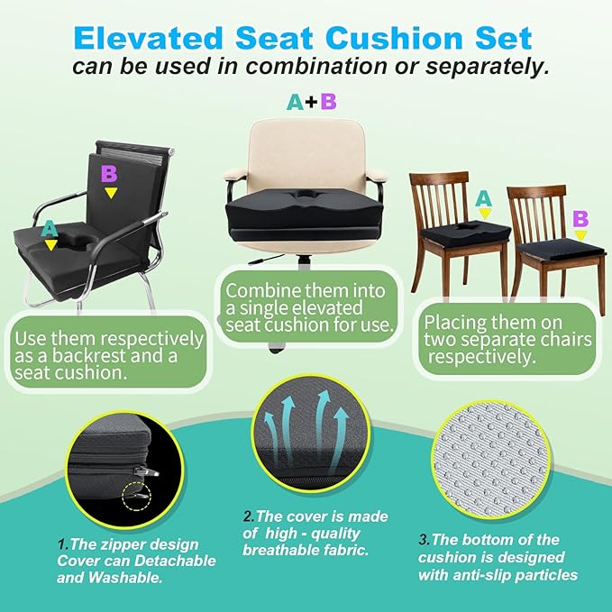 Gel Wheelchair Seat Cushion,Bed Sore Cushions for Butt,hemorrhoid Pillow,Sciatica,Coccyx,Pressure Sore&Ulcer Pain Relief Butt Pillow for Office Chair(Set Black)