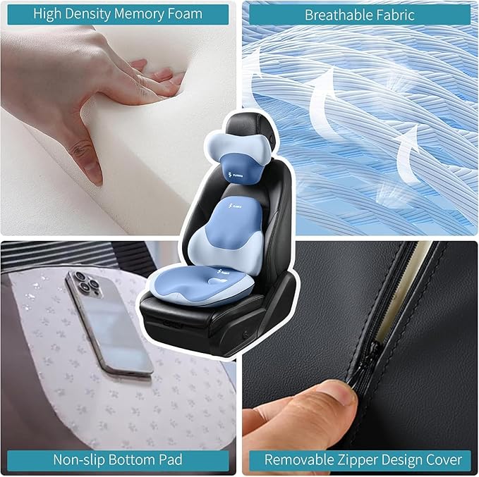 FLORICH Seat Cushion and Lumbar Support Pillow for Office Chair Car Neck Headrest Pillow Memory Foam Seat Pads Pressure Relief Back Cushion and Carseat Pads(Blue)