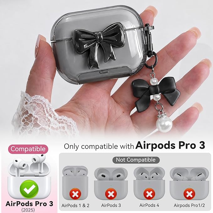 for AirPods Pro 3 Case 2025 with Safety Lock & Phone Stand, Cute Clear Pink 3D Bow Cover with Keychain & Cleaning Kit, Auto-Open TPU Protective Shell for AirPods Pro 3rd Generation Women Girls (Black)