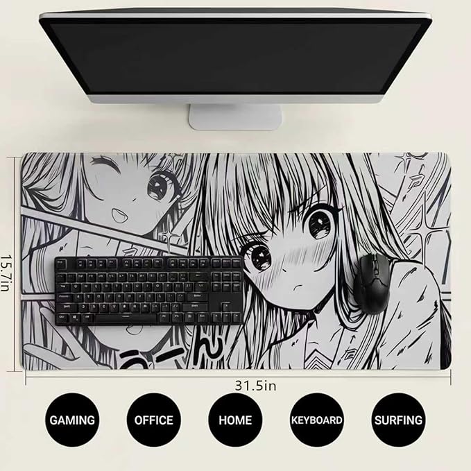 XXL Anime Girl Mouse Pad Black White –Super Thick Large Manga Girl Desk Mat 31.5x15.7 – Non-Slip, Water-Resistant, Stitched Edges – Aesthetic Japanese Gaming Mat 800X400X4mm