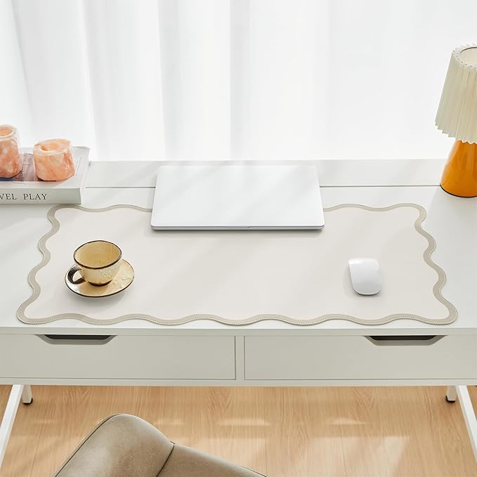 Scalloped Desk Mat, 31.5" x 15.7", PU Leather, Waterproof Anti-Slip, Cute Aesthetic Desk Pad for Office/Home/Game/Vanity (Beige, Large)