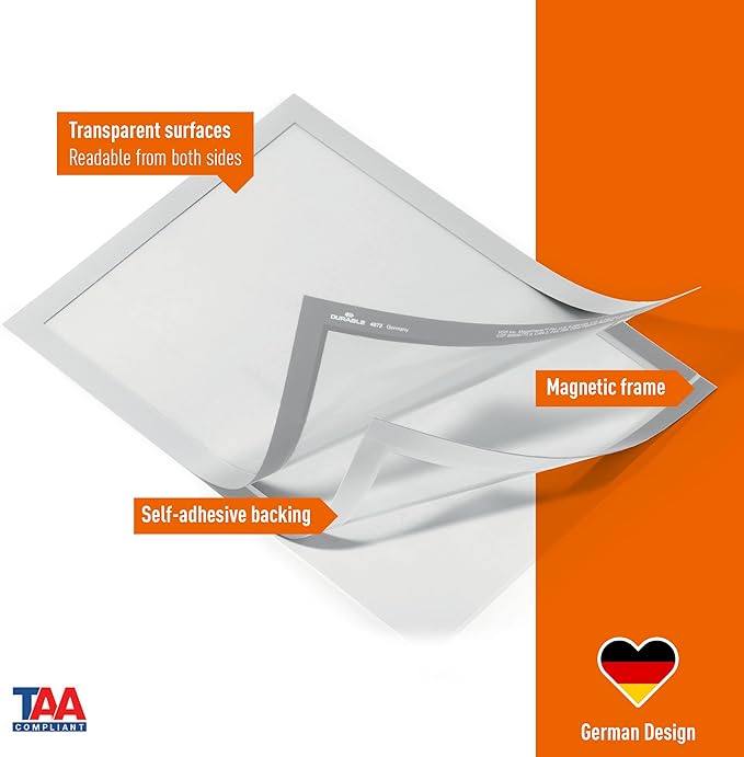 Durable Duraframe Self-Adhesive Magnetic Frame Silver - Tabloid Size 11" x 17" - Document Frame for Internal Signage - Self-Adhesive Attachment - Pack of 2