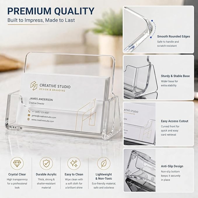 Lineshading 10 Pack Business Card Holder Desk Clear Acrylic Name Card Display Stand Tabletop Vertical Organizer Fits 3.5" x 2" Standard for Office Marketing Wedding Businesses Event Planning