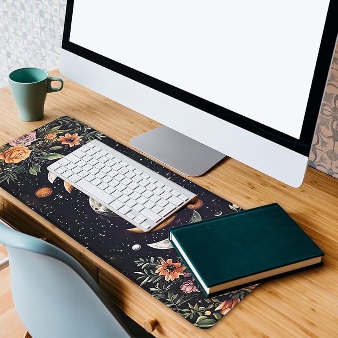 Moon Phases Desk Pad Mouse Pad Boho Celestial Floral Astrology XL Mouse Pad Large Mousepad Extended Laptop Keyboard Mat Gaming Desk Pad Mouse Mat 31.5"x11.8"