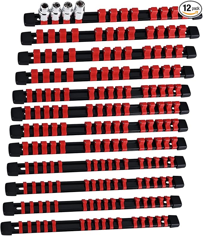 Socket Organizer Set 12PCS ABS Holder Kit - 1/4-Inch x 64, 3/8-Inch x 60, 1/2-Inch x 48 Socket Clips - Drive Tray, Rail, Red