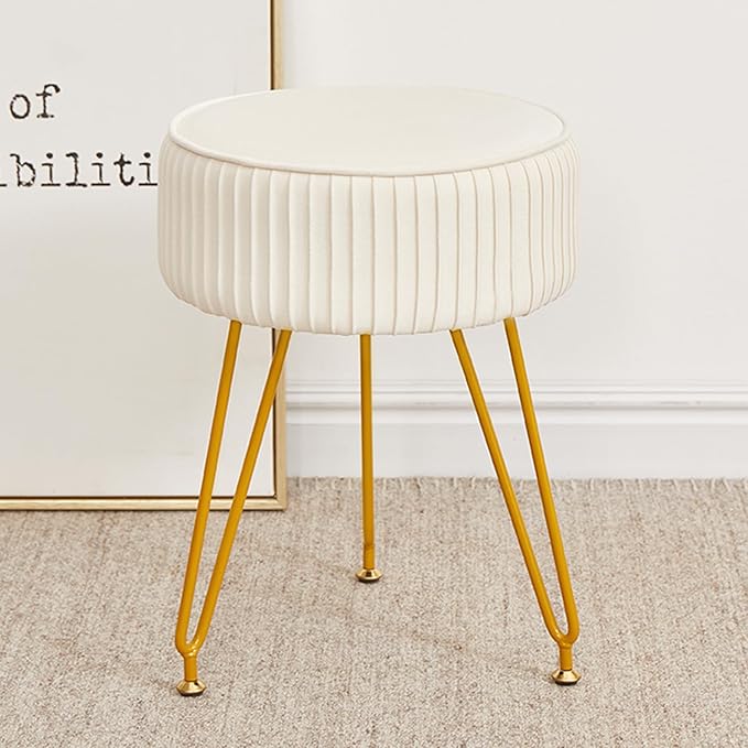 Velvet Vanity Stool, Modern Ottoman Foot Rest Stool with Adjustable Golden Legs, Makeup Chair for Vanity, Multifunctional Small Vanity Chair for Bedroom, Beige