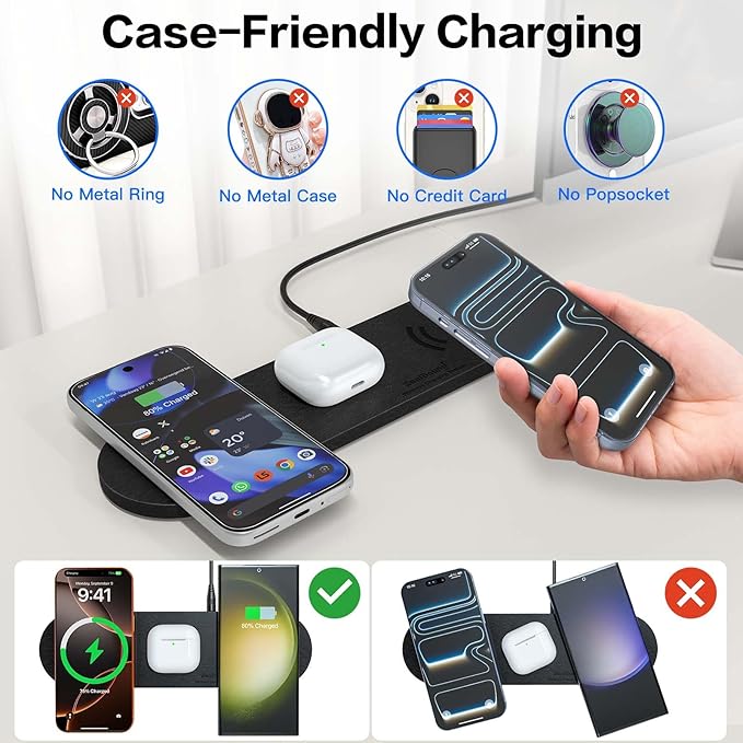 ZealSound 3-in-1 Wireless Charging Pad, Fast Charger Mat with 36W Adapter for iPhone 17/16/15, Samsung Galaxy, Pixel, AirPods & Galaxy Buds, Ultra Slim Case Friendly PU Leather for Home Office Travel