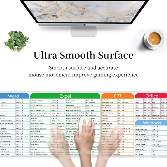 Computer Office Software Excel Word Shortcut Keys Mouse Pad XL Extended Mouse Mat Non Slip Rubber Base Stitched Edge Gaming Pc Large Mice Pad 31.5 X 11.8 Inch