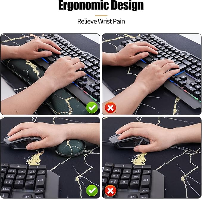 Bloss Gaming Mouse Pad Set, Large Desk Mat + Keyboard Wrist Rest + Mouse Wrist Support + Cup Coaster, Non-Slip Desk Pad, Computer Desk Accessories-Black Marble (35.4 x 15.7 Inches)