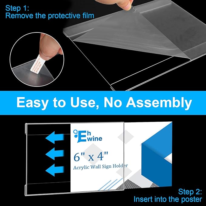 EHWINE 20 Pack 6x4 Wall Mount Acrylic Sign Holder, Horizontal Wall Signs Photo Menu Flyer Display Holders, Plastic Clear Acrylic Frames for Office Home Hotel Business Store (with Adhesive Tape)
