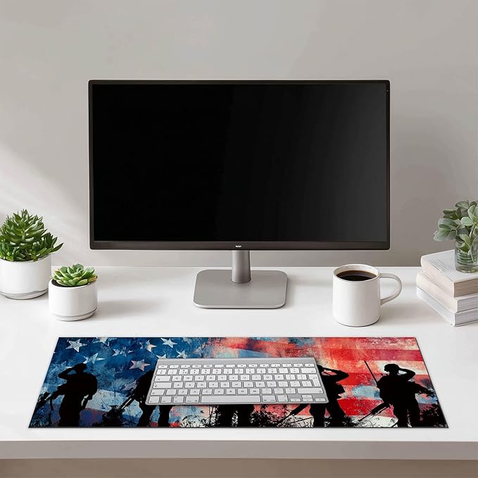 HOMETITUTE XL Mouse Pad 31.5 x 11.8 Inch Patriotic American Flag Soldier Silhouette Desk Mat Large Extended Keyboard Mat Computer Desk Pad Non Slip Waterproof Mouse Pads Gaming Office