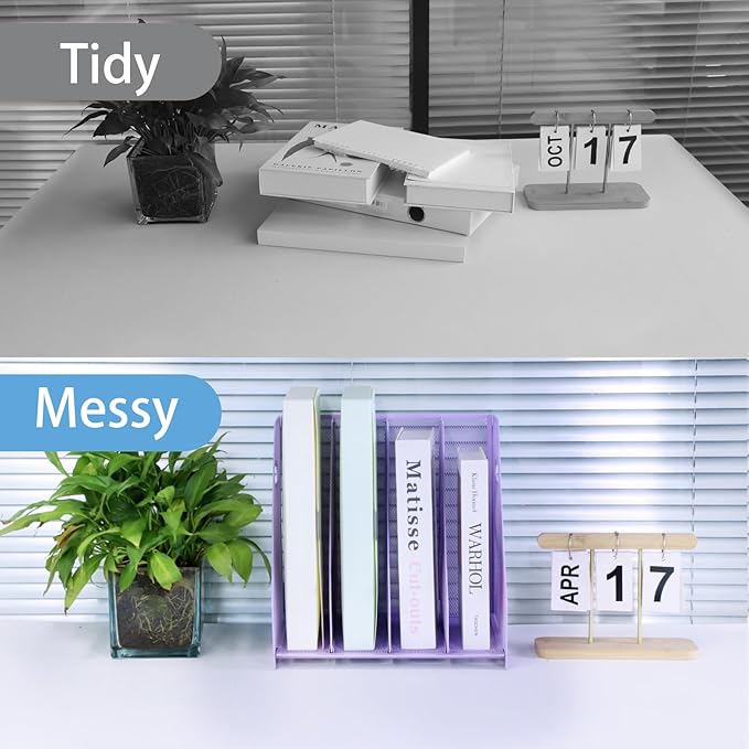 Desk Organizers Metal Magazine File Holder Racks Desktop Folder Storage Binder Organiser Document Organization for Home Office & Classroom,4 Vertical Compartments-Purple