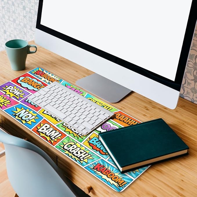 Pop Art Comic Mouse Pad, Kaboom Boom Cartoon Retro Gaming Desk Mat Extended Laptop Keyboard Non-Slip Rubber Base with Stitched Edges for Home, 31.5x11.8in Desk Home Office Gaming