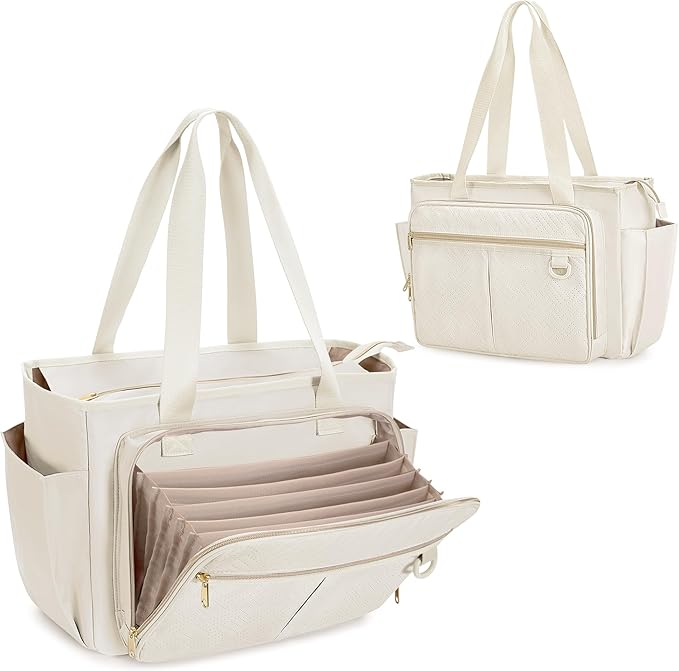 Teacher Tote Bag with Accordion File Organizer Pocket, Large Teacher Work Utility Bag for Women, Beige (Patent Design)