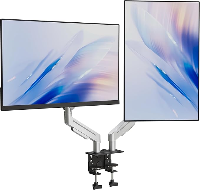 THEARK Dual Monitor Stand for Desk - Dual Monitor Mount for 17-32 Inch Screens,Height Adjustable Dual Monitor Arm Desk Mount with Clamp and Grommet Base,75x75/100x100mm VESA Mount,Max 19.8 lbs,Silver
