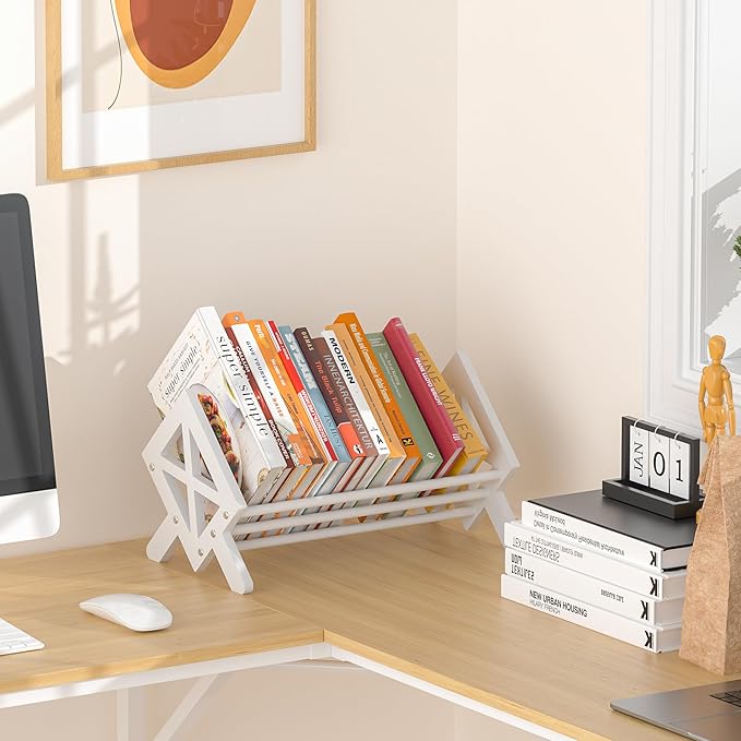 Desktop Bookshelf Organizer, Wood Office Tabletop Book Storage Rack, Tilting Bookcase for Books/CDs/Magazine Display (Pure White)