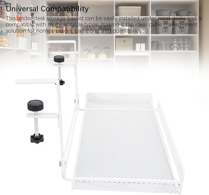 Under Desk Wire Organizer, Cable Management Tray Metal, Large Storage Tray Clamp Mount for Office Home, No Drill Cable Raceway (White)