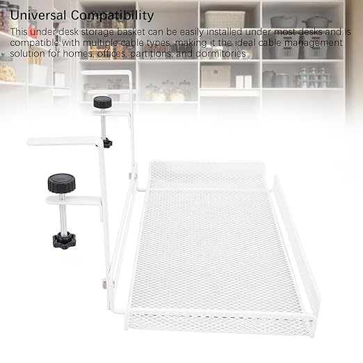Under Desk Cable Management Tray, 14.4 x 7.9 x 6.9 Inch Large Cpacity Metal Mesh Desk Cable Tray with Clamp Mount No Drill Carbon Steel Desk Cable Organizer for Home Office (White)