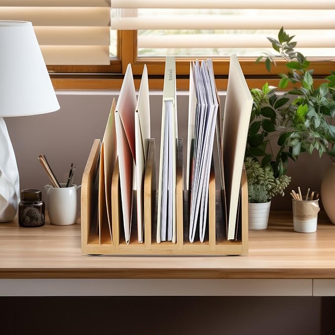 Lineshading Bamboo Letter Organizer, 5 Compartments Desk Mail Organizer, Desktop Envelope Holder and Letter Sorter, Countertop Paper File Holders with Anti Slip Mat for Home Office(Wood Color)