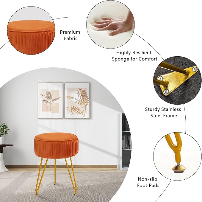 Velvet Vanity Stool, Modern Ottoman Foot Rest Stool with Adjustable Golden Legs, Makeup Chair for Vanity, Multifunctional Small Vanity Chair for Bedroom, Orange