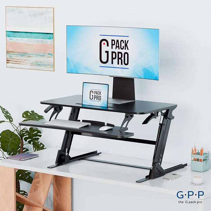 36″ Wide Standing Desk Converter – Sit-to-Stand Workstation for Dual Monitors, Height Adjustable Up to 17.3″ with Large Keyboard Tray – Black